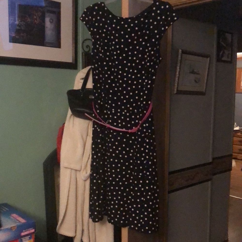 Anne Klein MIDI Sleeveless Dress Dry Cleaned After Wore Navy Blue w/ white dots - Picture 1 of 7